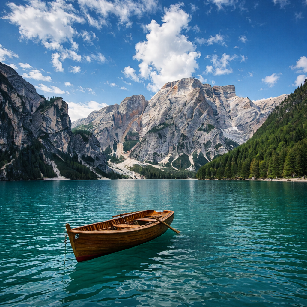 Scenic mountain lake landscape with wooden boat